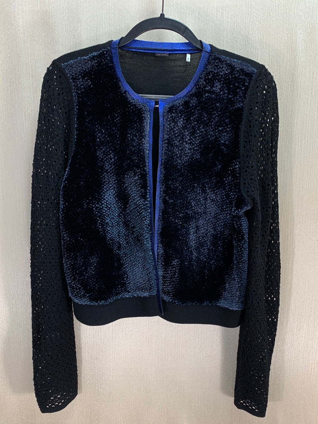 ELIE TAHARI black blue Merino Wool Viscose Velvet Lamb Leather Trim Jacket - L