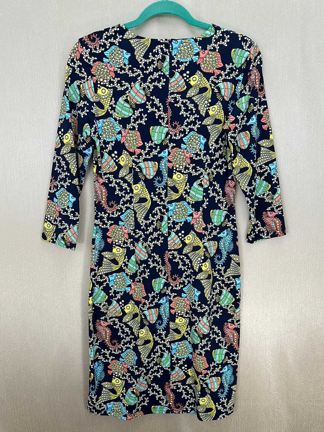 J. MCLAUGHLIN navy Fish Print Catalina Cloth 3/4 Sleeve Sophia Dress - S