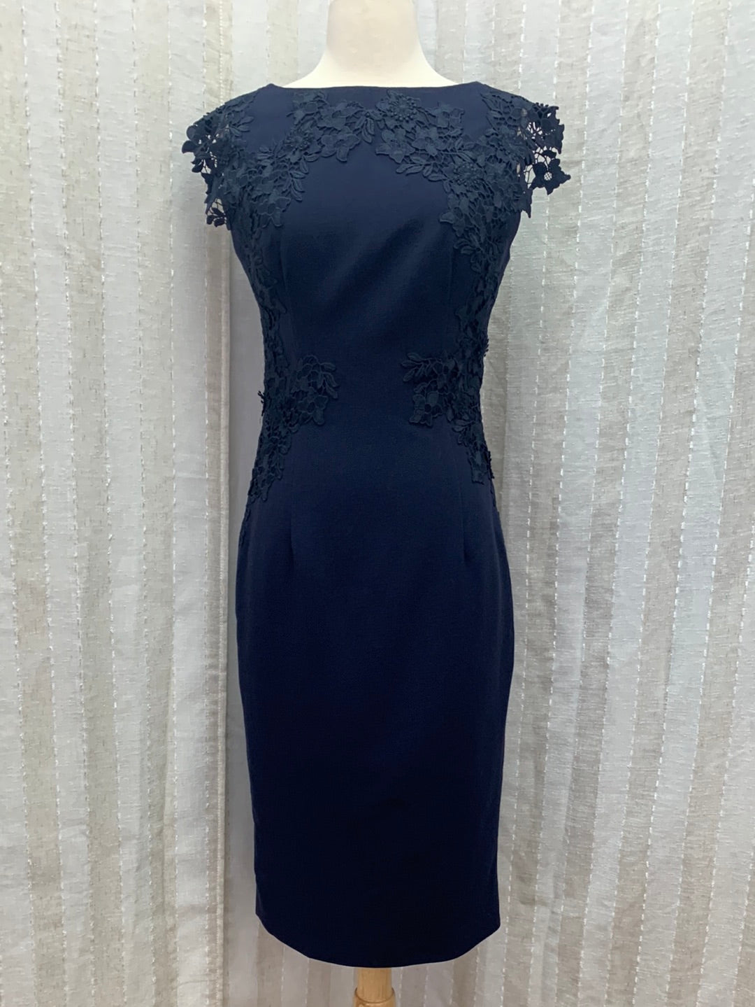 NWT - LELA ROSE navy Lace Trim Sleeveless Boatneck Sheath Dress - 4