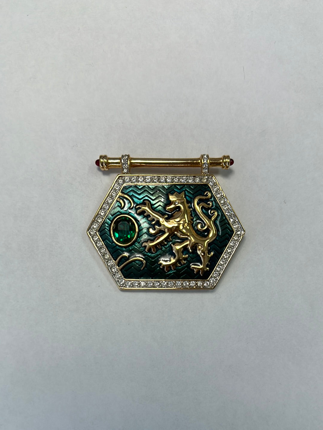 Rare SWAROVSKI gold tone & green Enamel Crystal 1980s Griffin Shield Brooch