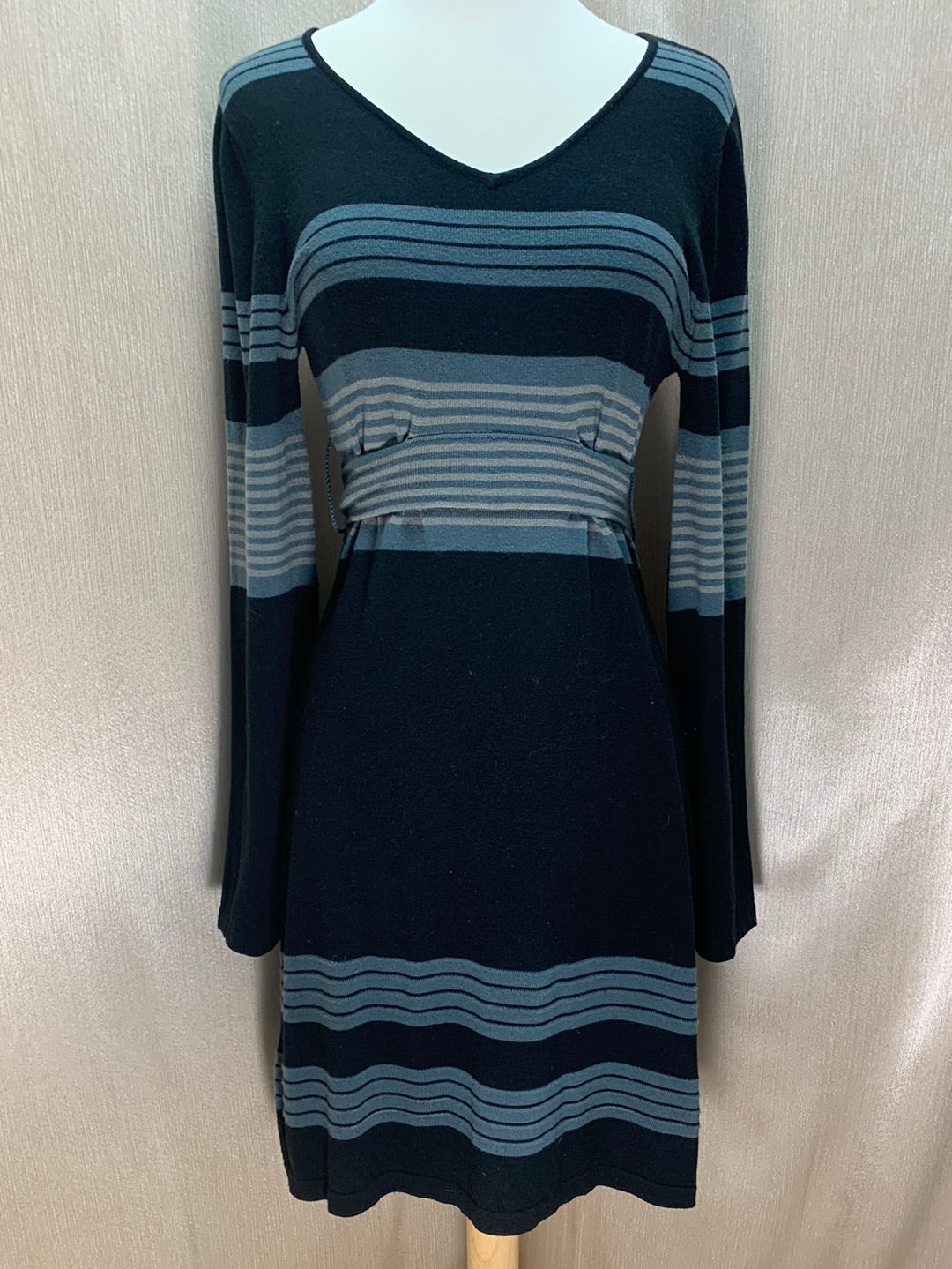 PRANA black blue Stripe Bell Sleeve Belted Sydney Sweater Dress - M