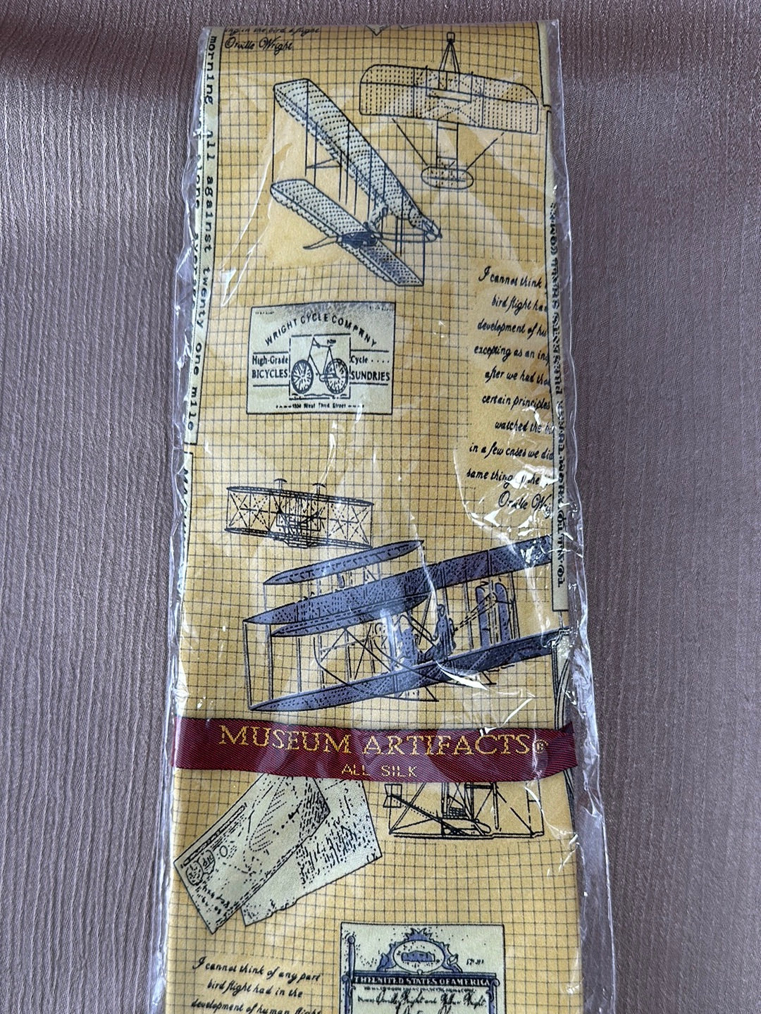 NWT - MUSEUM ARTIFACTS yellow blue Silk Wright Brothers Kitty Hawk Necktie