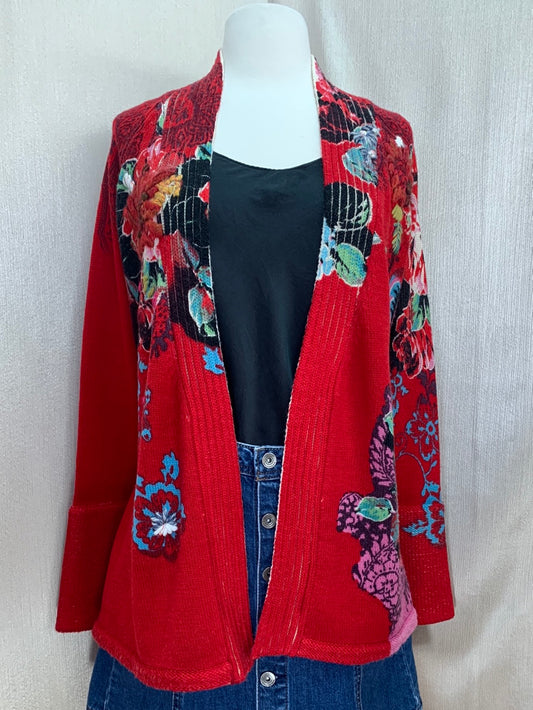 RENE DERHY red floral 100% Wool Bell Sleeve Sweater Cardigan - L