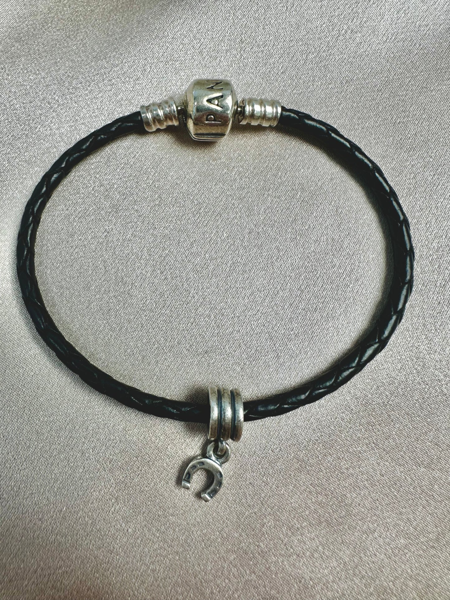 PANDORA Black Braided Leather 925 ALE Silver Clasp Horseshoe Charm Bracelet - 6.75"