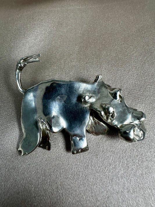 Vintage E. SILBERT Sterling Silver Modernist Sculptural Hippopotamus Pendant - W 2" H 1.5"