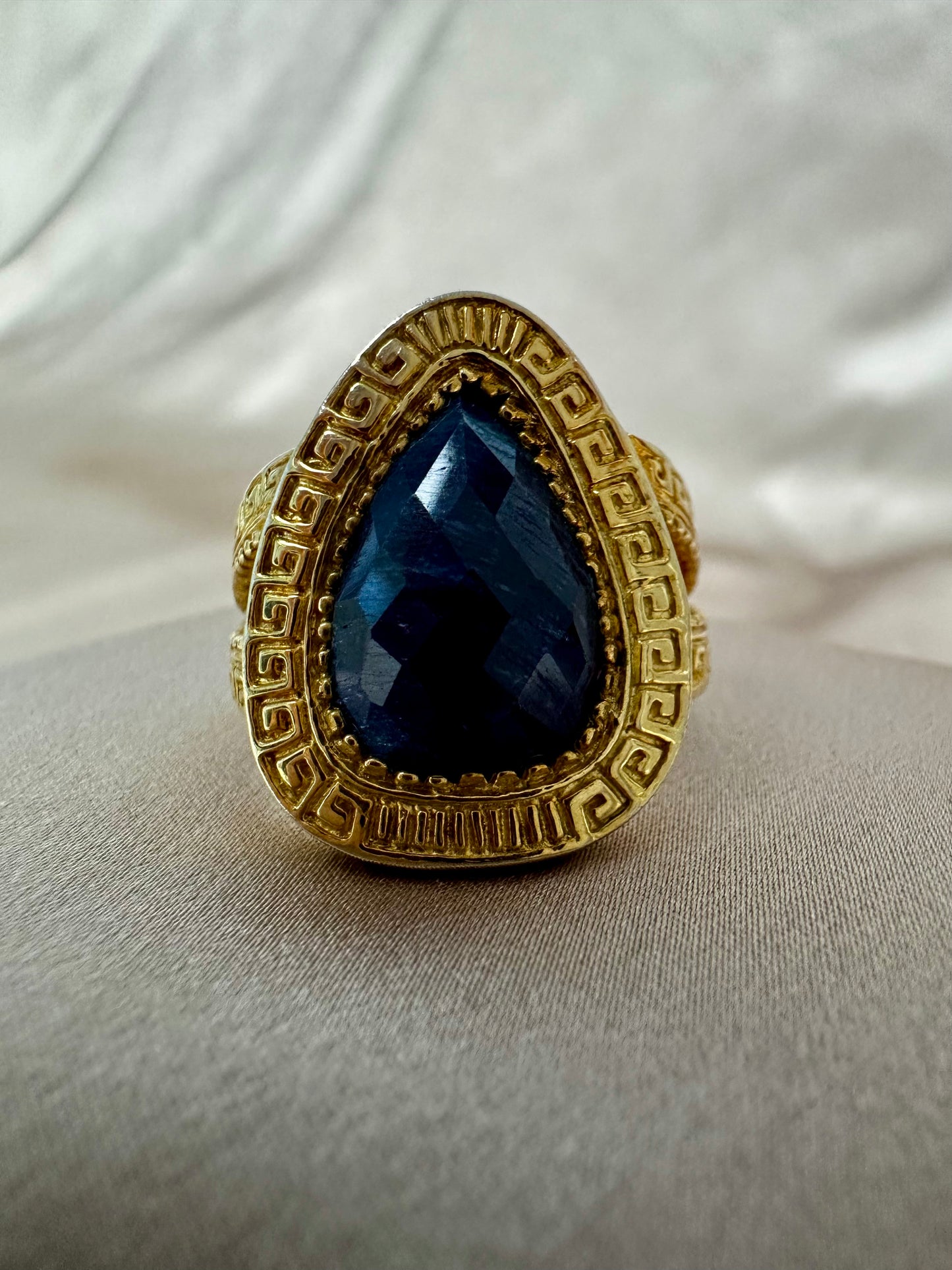 Gold Plate & Faceted Lapis Statement Ring - Size 10