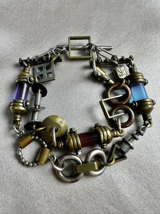 Vintage THOMAS MANN Sterling Brass Copper Glass Geometric Bracelet - 8"