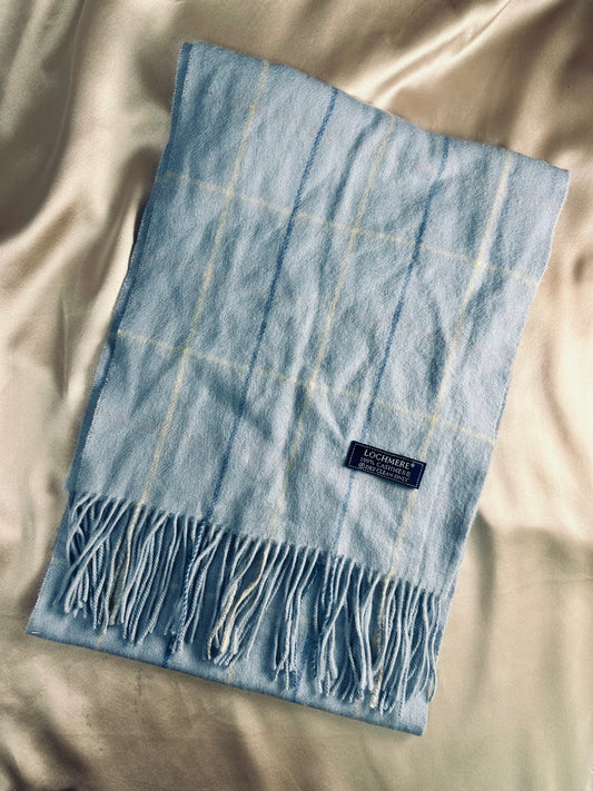 LOCHMERE light blue Plaid 100% Cashmere Fringe Scarf - 59" x 11"