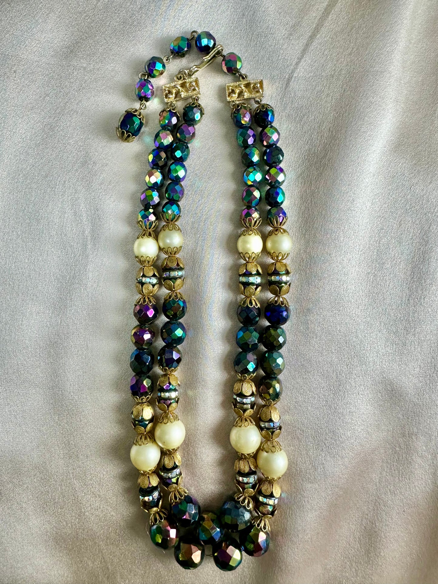 Vintage HOBE Aurora Borealis AB Crystal Pearl Double Strand Necklace - 15.5-18"