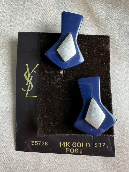 Vtg YVES SAINT LAURENT YSL Blue Silver Bakelite Art Deco 14k Gold Post Earrings