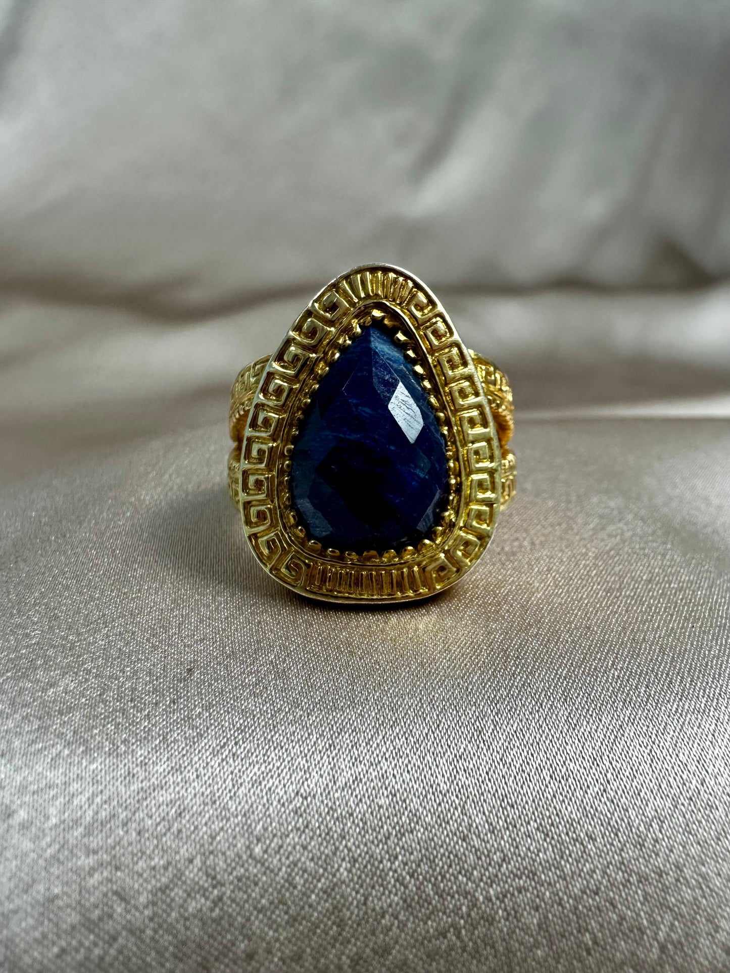 Gold Plate & Faceted Lapis Statement Ring - Size 10