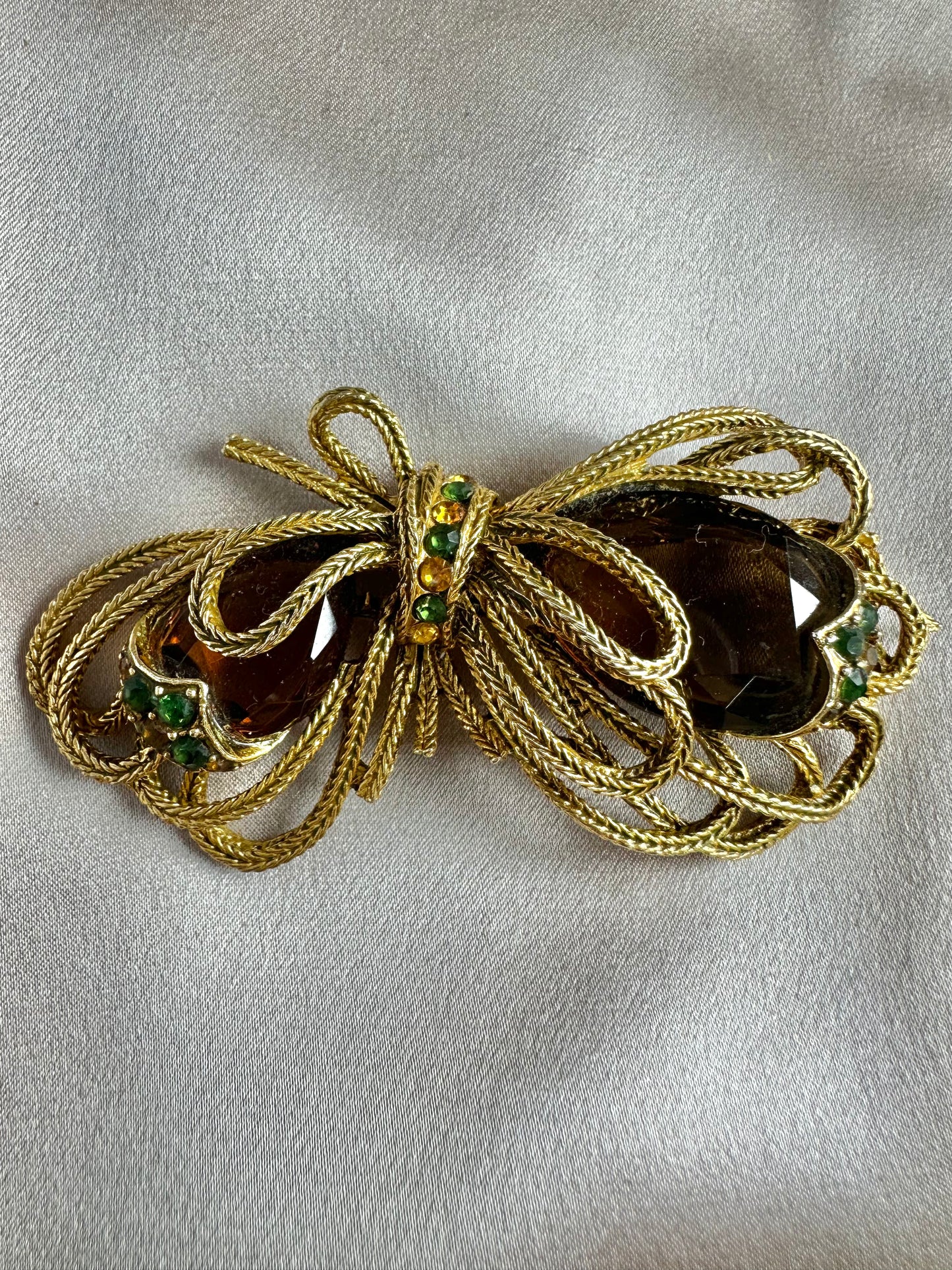 Vintage CAPRI Gold tone Brown Green Stones Rhinestone Bow Brooch Pin - 2.75"