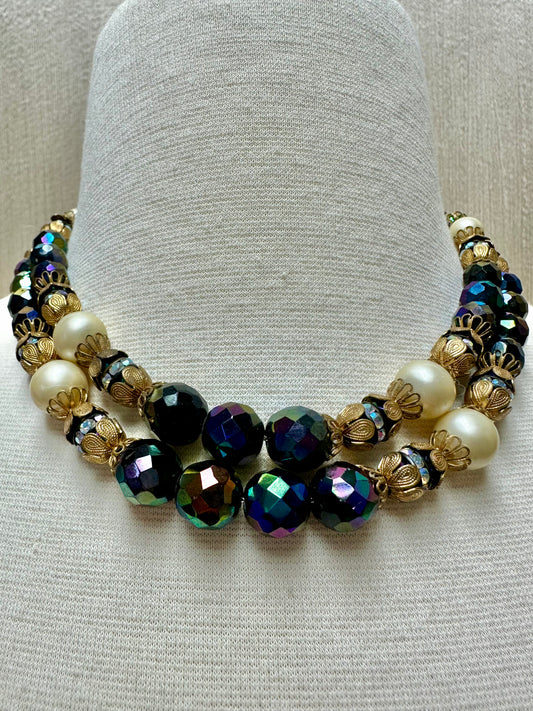 Vintage HOBE Aurora Borealis AB Crystal Pearl Double Strand Necklace - 15.5-18"