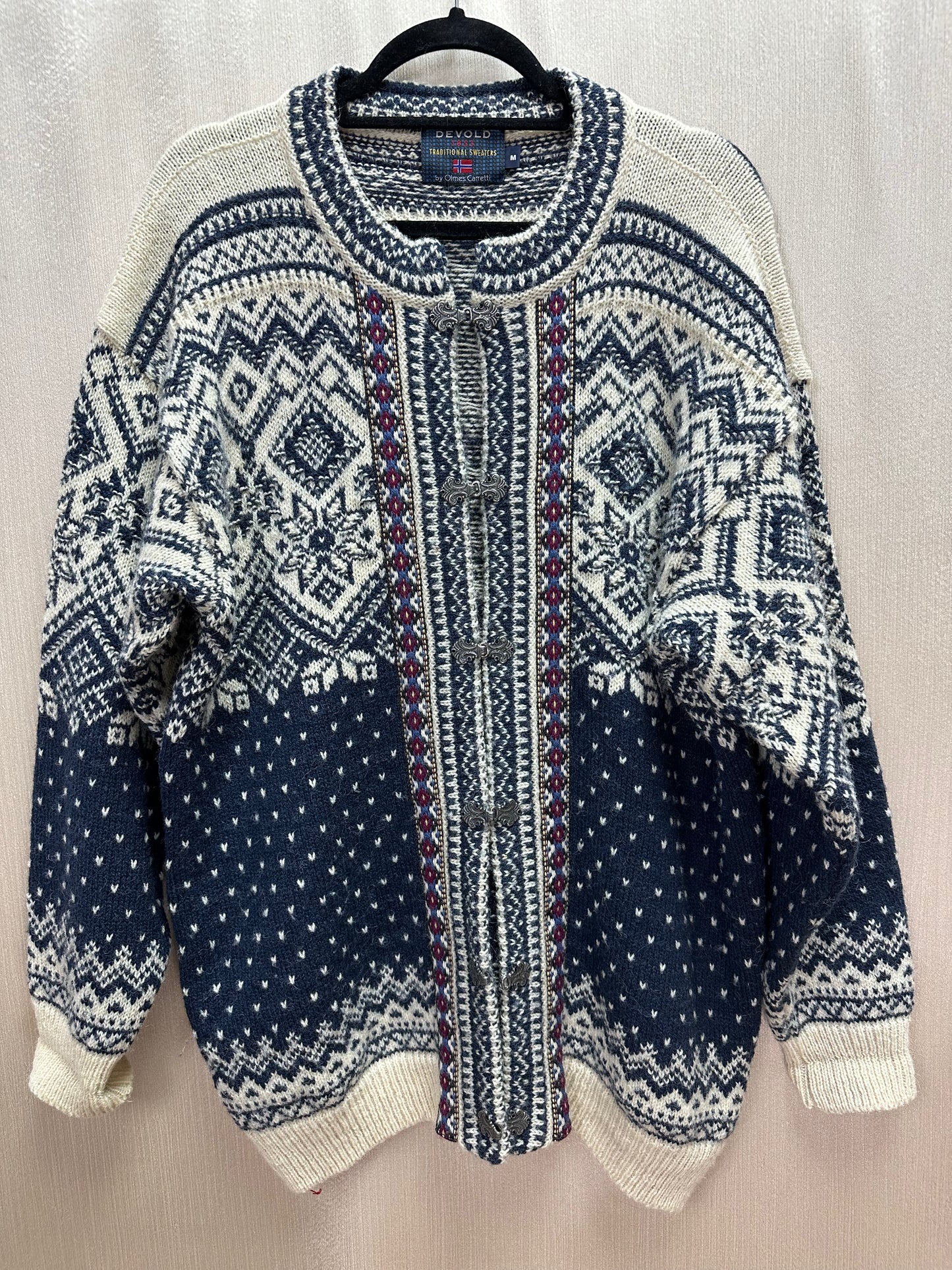 DEVOLD OLMES CARRETTI blue white Fair Isle Wool Clasp Cardigan Sweater - M