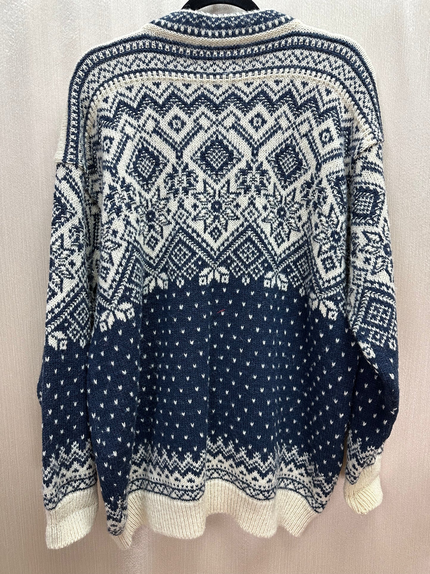 DEVOLD OLMES CARRETTI blue white Fair Isle Wool Clasp Cardigan Sweater - M