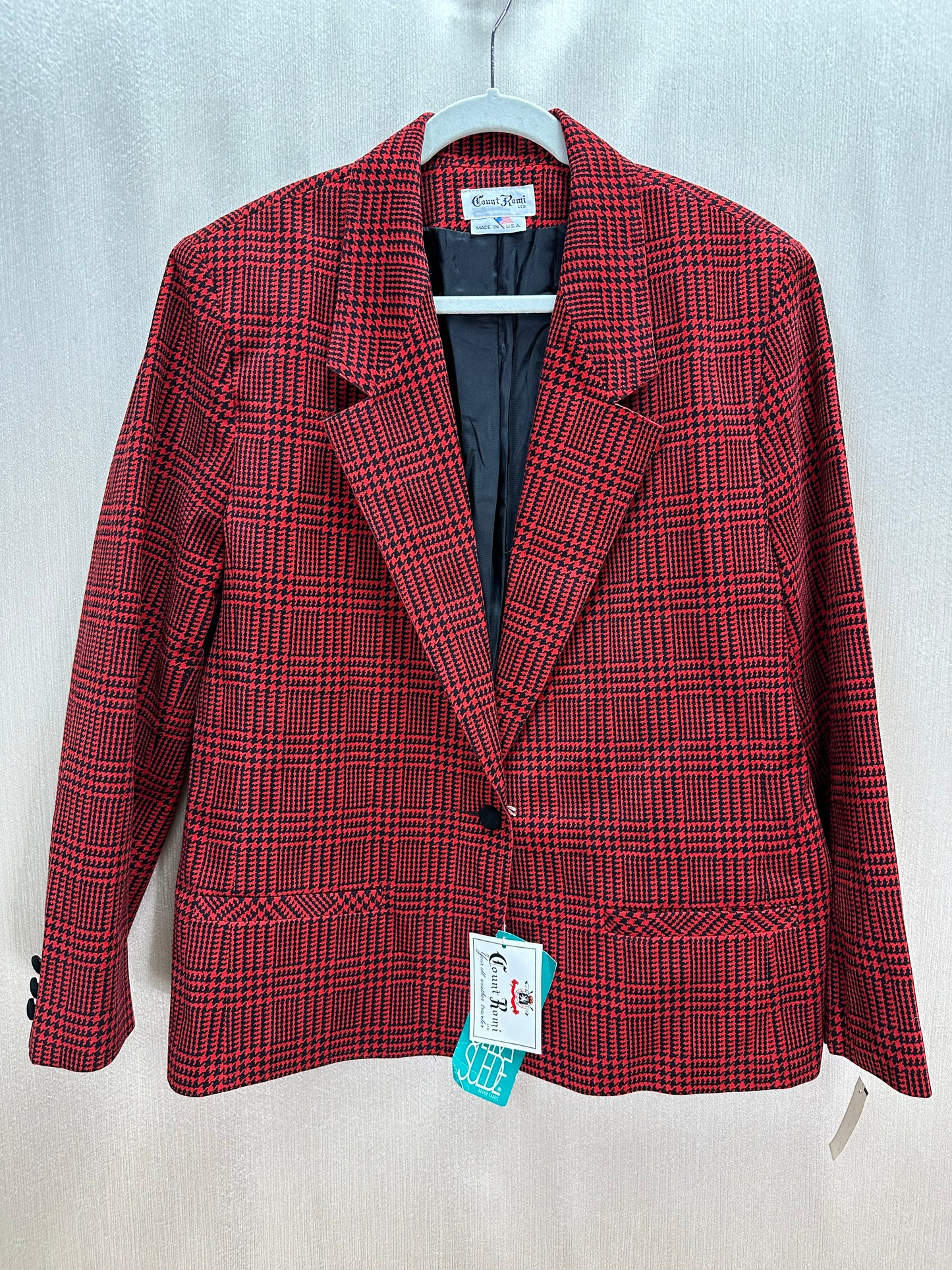 Vintage NWT - COUNT ROMI red black Houndstooth Check Ultra Suede Blazer - 16