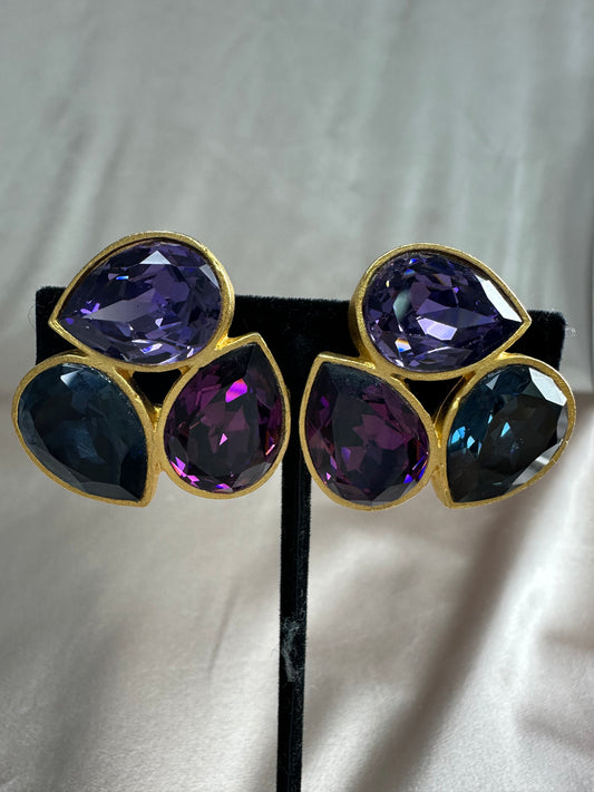 MARY FROST Gold Pink Purple Blue Faceted Crystal Statement Clip Earrings - 1.25"