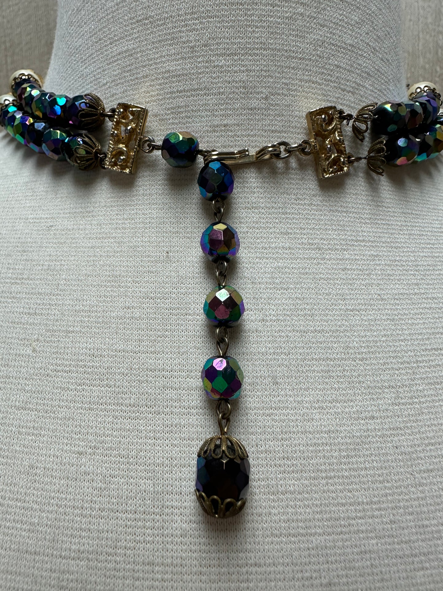 Vintage HOBE Aurora Borealis AB Crystal Pearl Double Strand Necklace - 15.5-18"