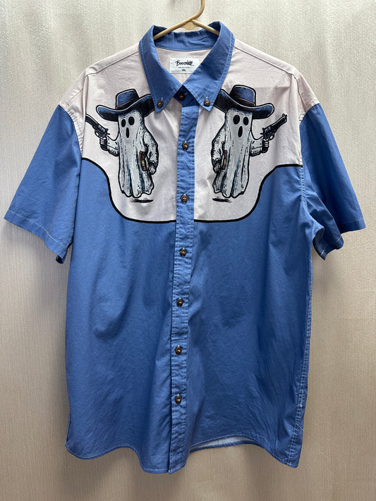 BOOZELELE blue Gun Ghost Cowboy 100% Cotton Button Up Shirt - XXL