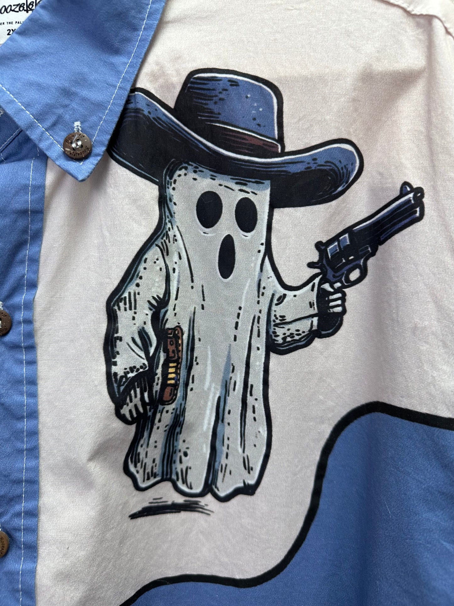 BOOZELELE blue Gun Ghost Cowboy 100% Cotton Button Up Shirt - XXL