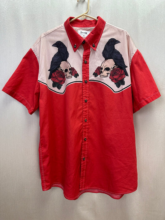 BOOZELELE red Scull Crow Rose 100% Cotton Short Sleeve Button Up Shirt - XXL