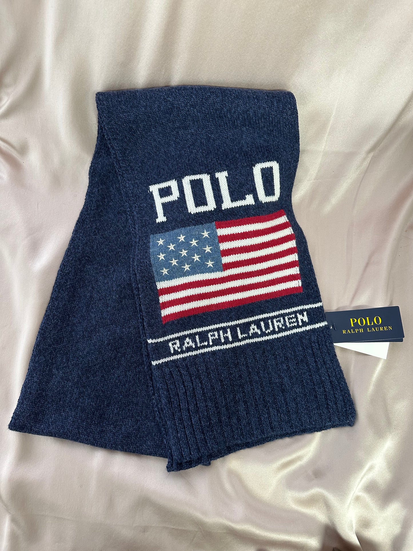 NWT - POLO RALPH LAUREN navy Wool Blend Intarsia-Knit Flag Scarf - 74" x 9"