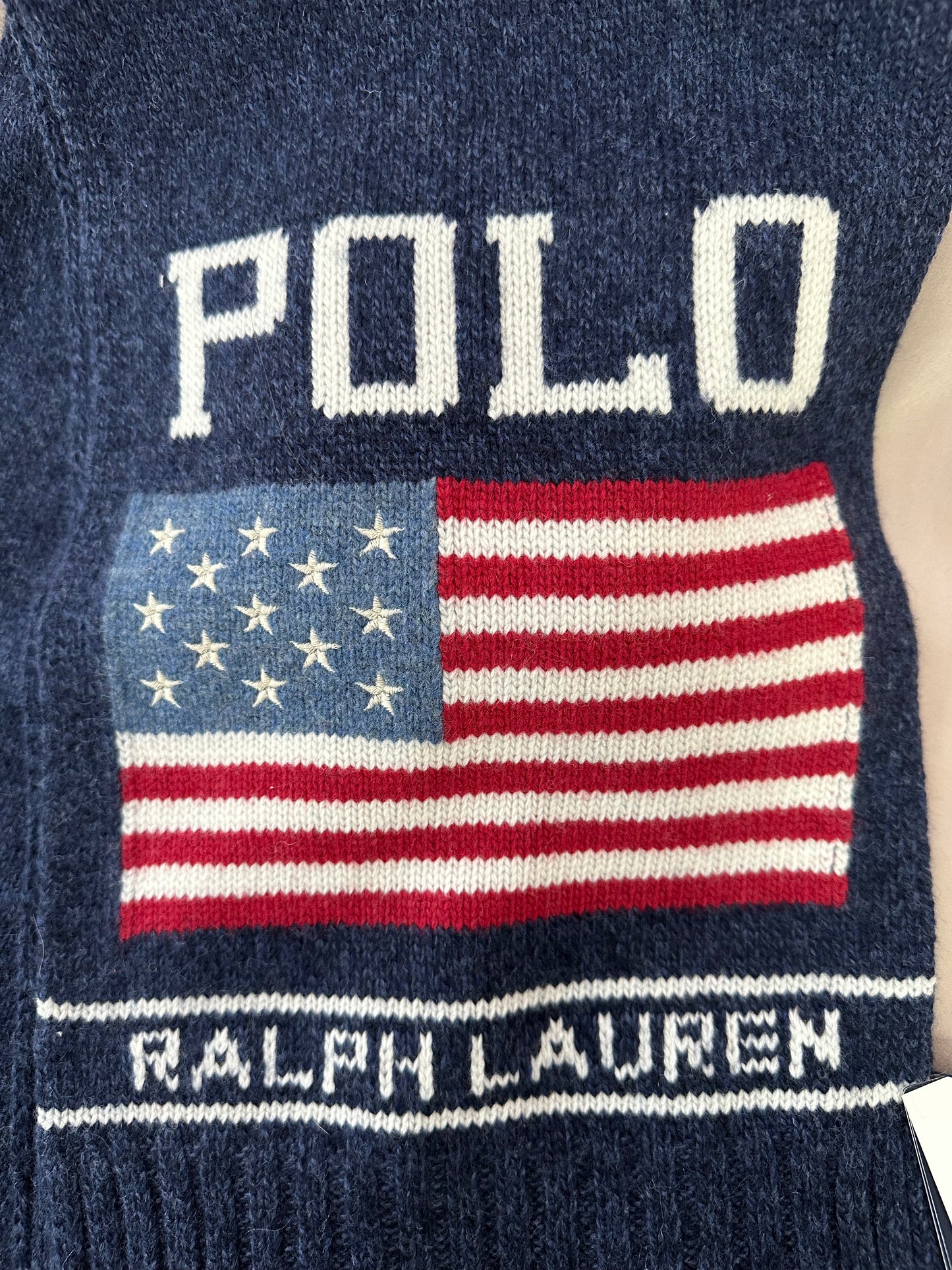 NWT - POLO RALPH LAUREN navy Wool Blend Intarsia-Knit Flag Scarf - 74" x 9"