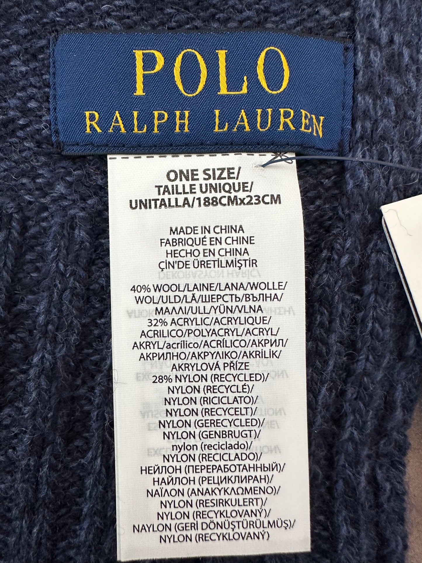 NWT - POLO RALPH LAUREN navy Wool Blend Intarsia-Knit Flag Scarf - 74" x 9"