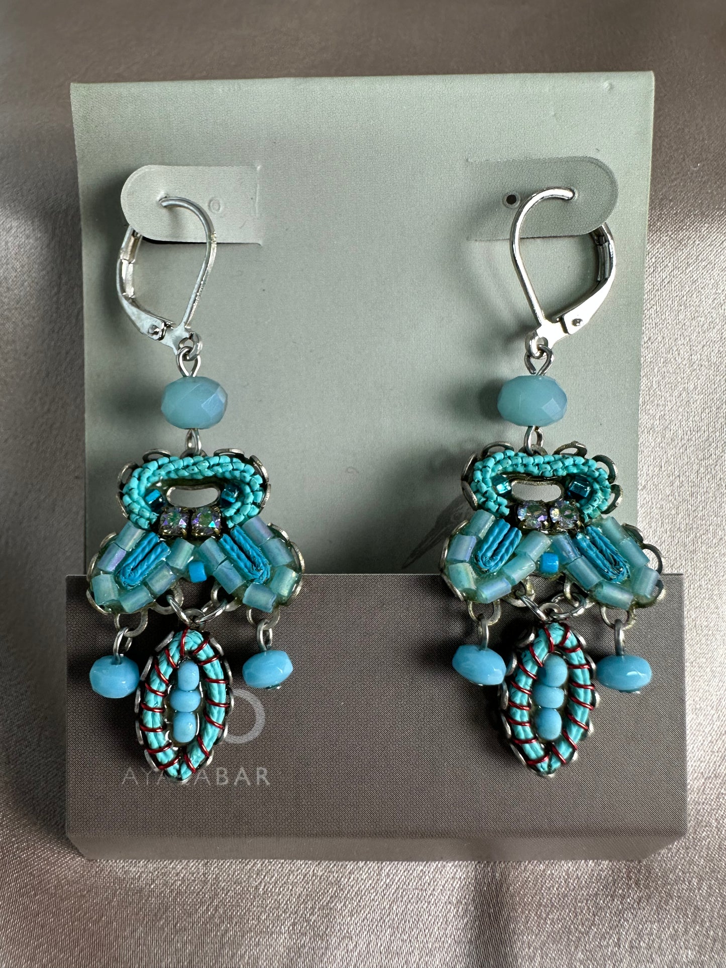 New AYALA BAR Aqua Blue Swarovski Crystal Lever Back Earrings - 2"