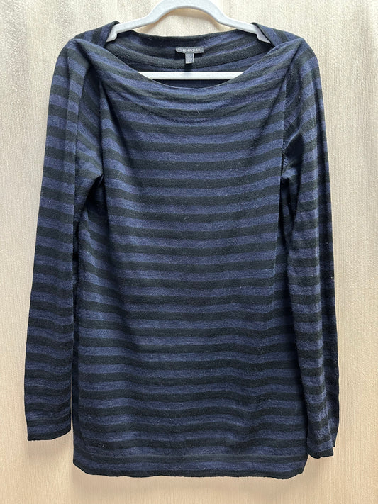 EILEEN FISHER black blue Stripe Merino Wool Boatneck Tunic Sweater - M