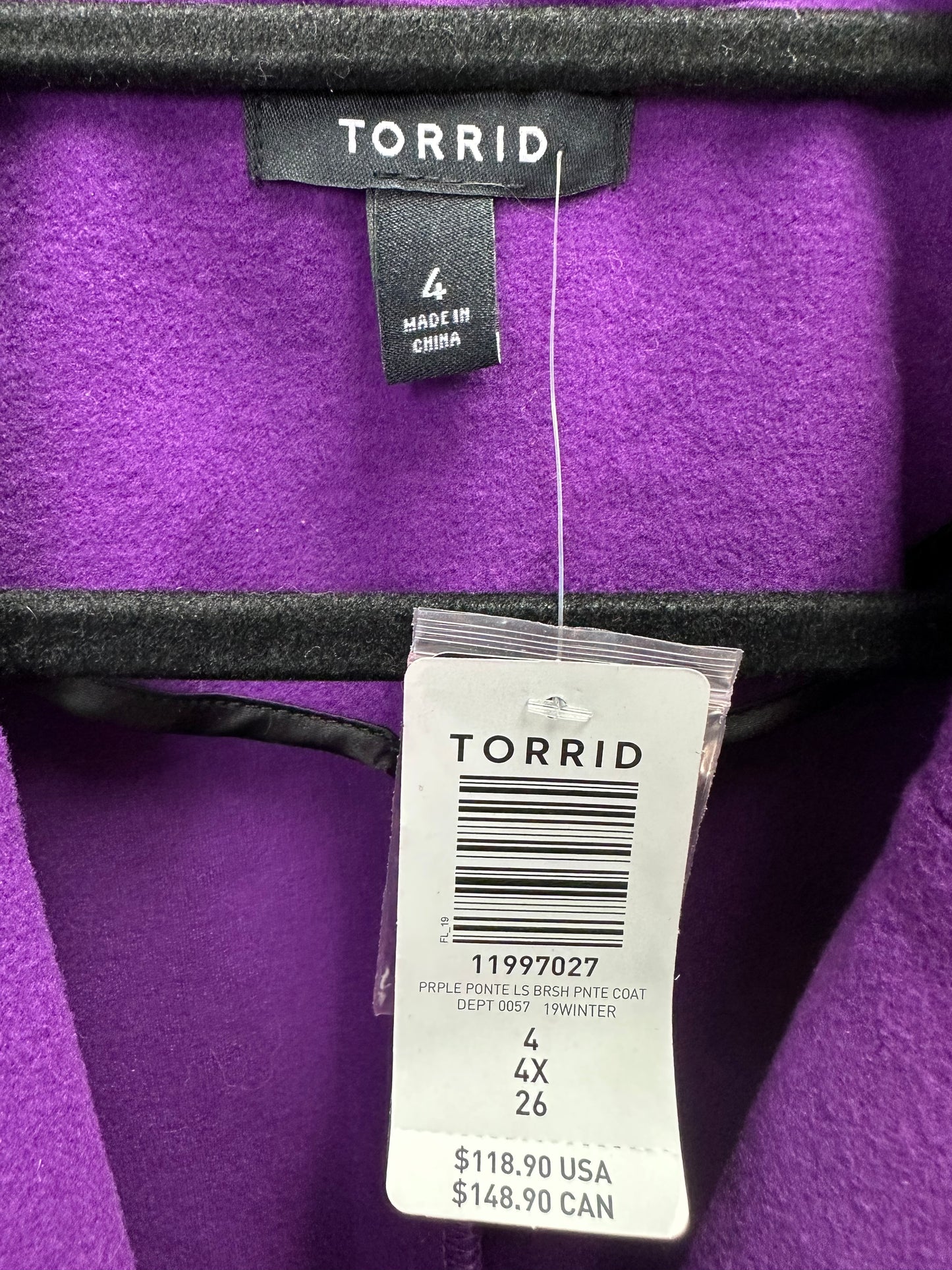 NWT - TORRID purple Brushed Ponte Rayon Blend Single Button Pea Coat - 4X | 26