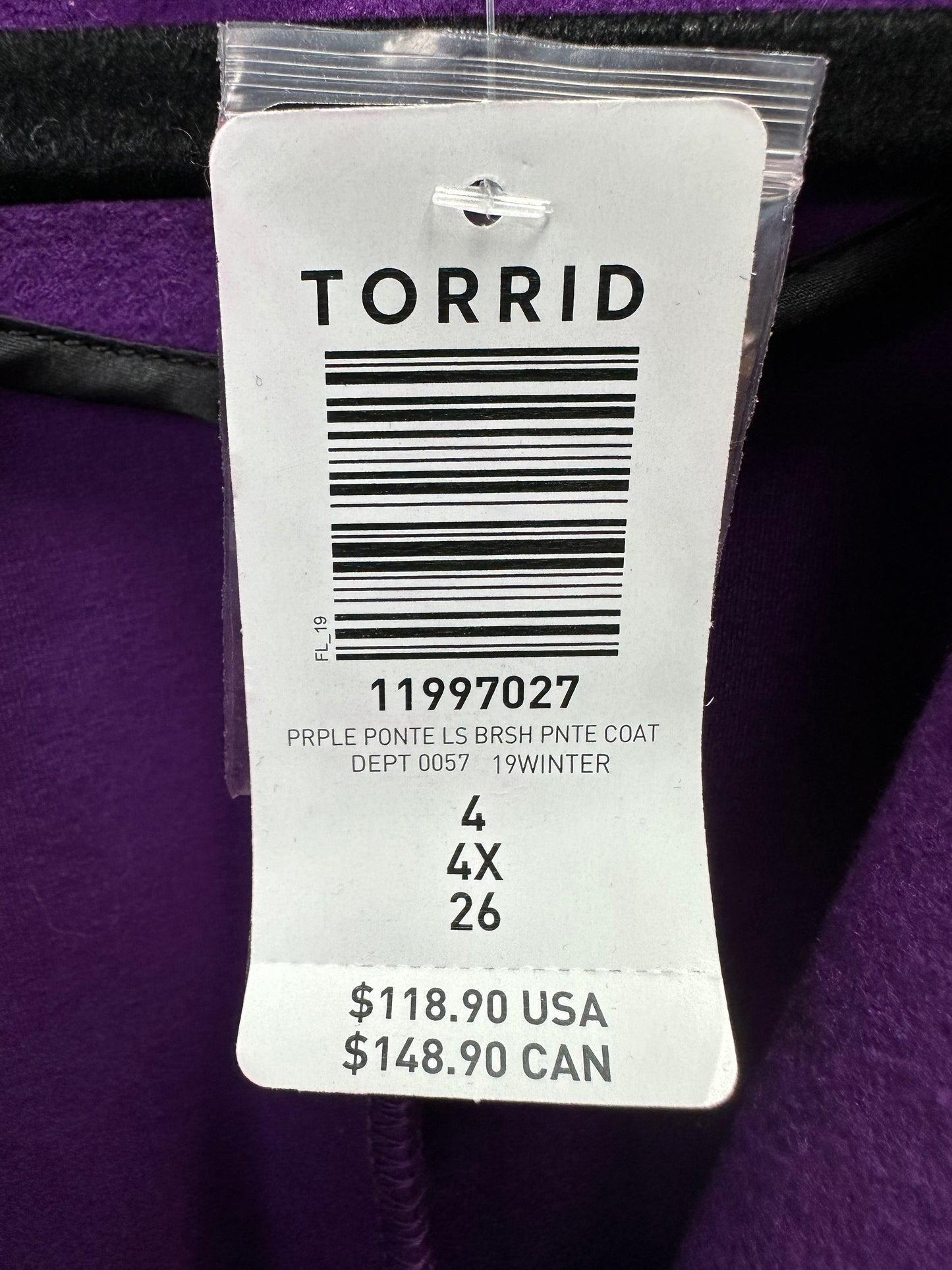 NWT - TORRID purple Brushed Ponte Rayon Blend Single Button Pea Coat - 4X | 26