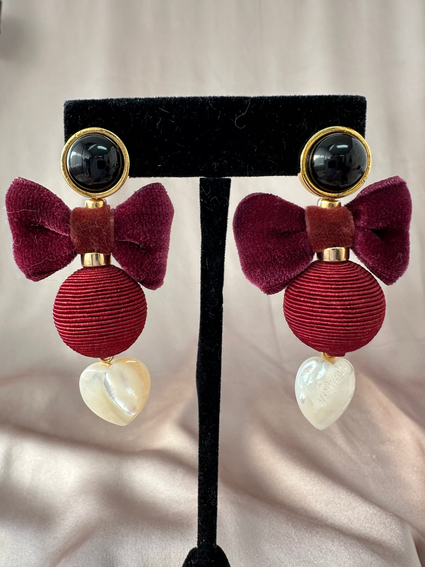 LIZZIE FORTUNATO Gold Black Mother of Pearl Heart Maroon Bow Post Earrings