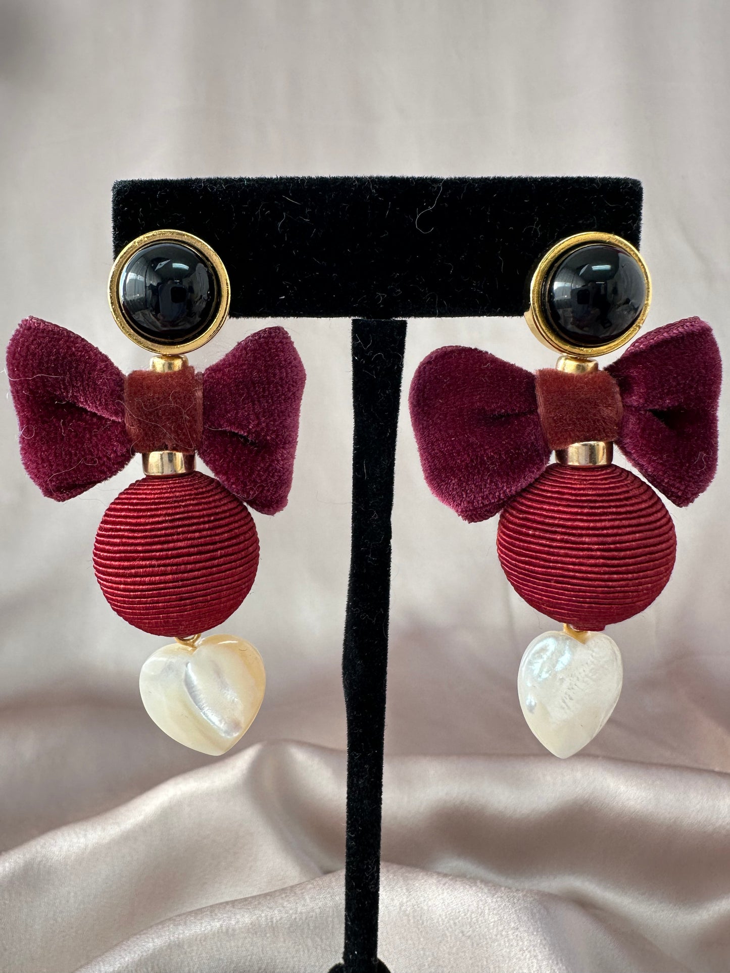 LIZZIE FORTUNATO Gold Black Mother of Pearl Heart Maroon Bow Post Earrings