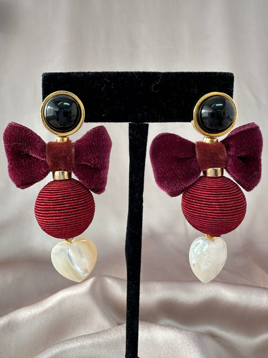 LIZZIE FORTUNATO Gold Black Mother of Pearl Heart Maroon Bow Post Earrings