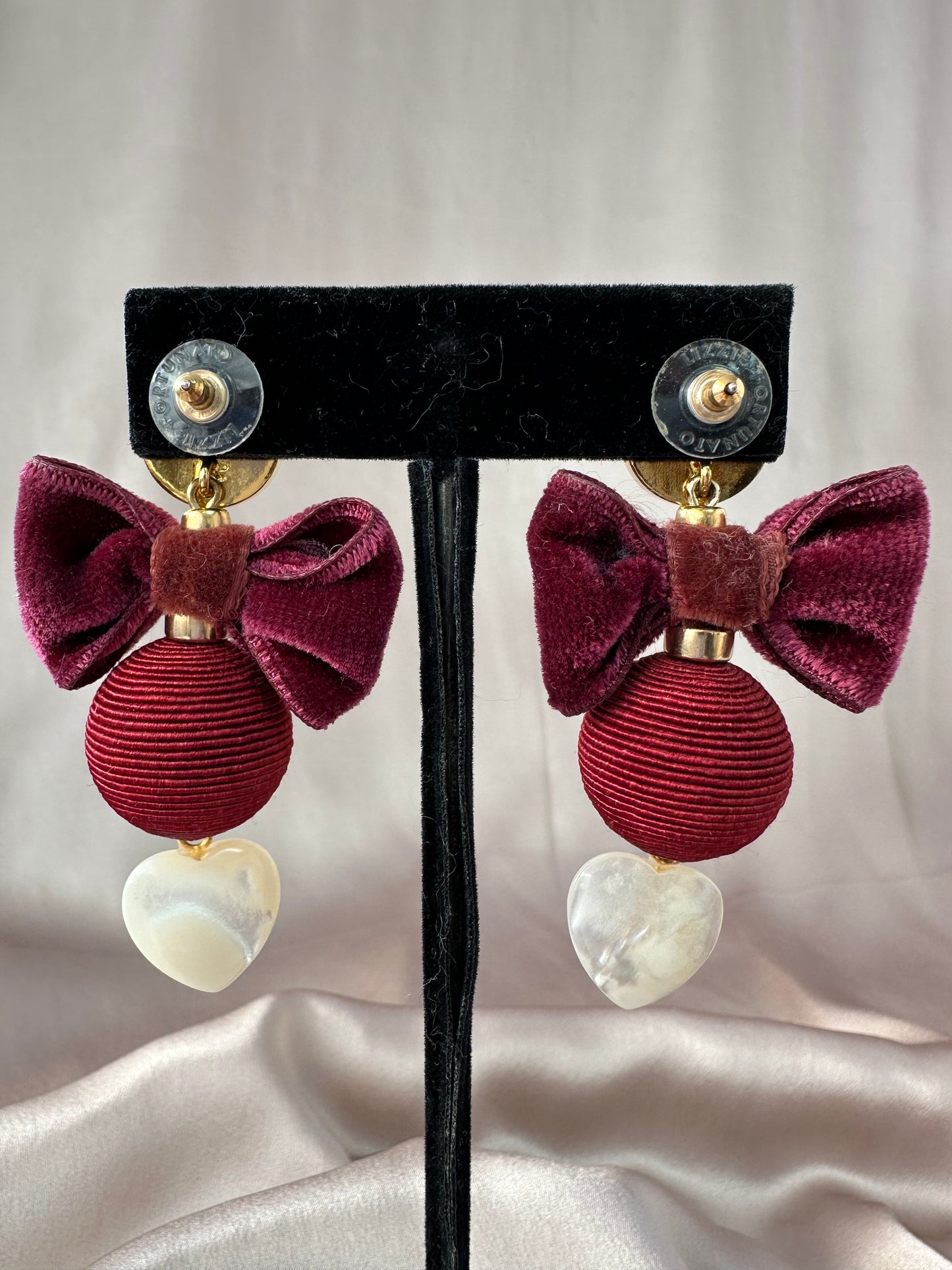 LIZZIE FORTUNATO Gold Black Mother of Pearl Heart Maroon Bow Post Earrings