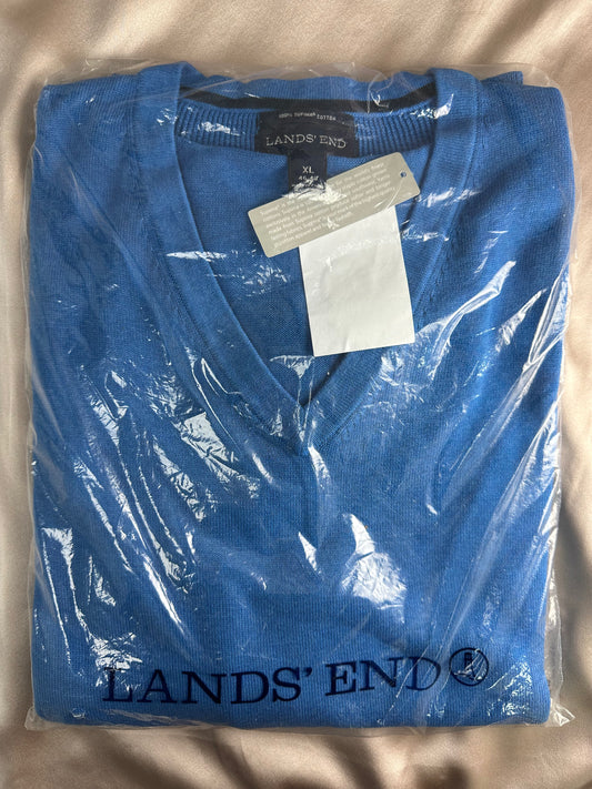 New LANDS END cerulean blue Lightweight Supima Cotton V-neck Sweater - XL