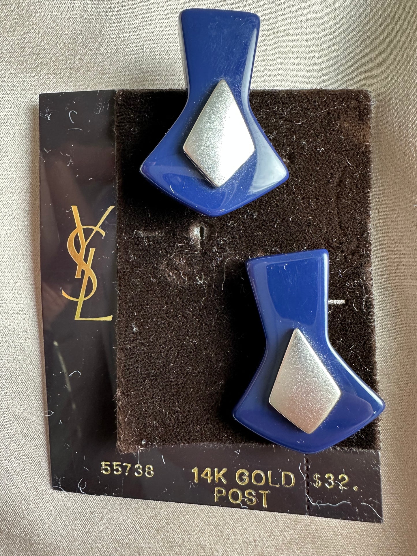 Vtg YVES SAINT LAURENT YSL Blue Silver Bakelite Art Deco 14k Gold Post Earrings