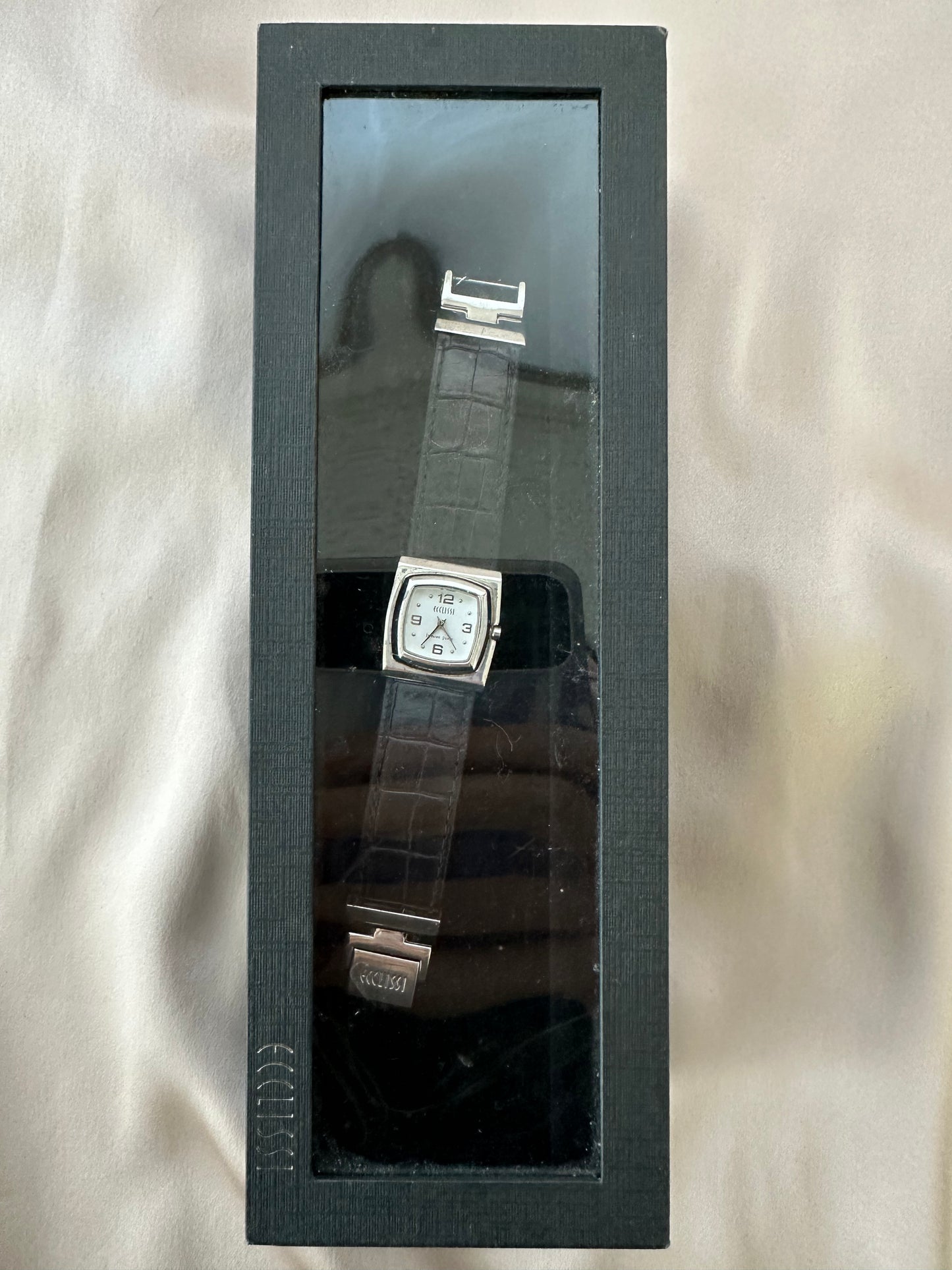 ECCLISSI Sterling Silver 6 3/8" Leather Band 1" Square Bezel Wrist Watch - Working