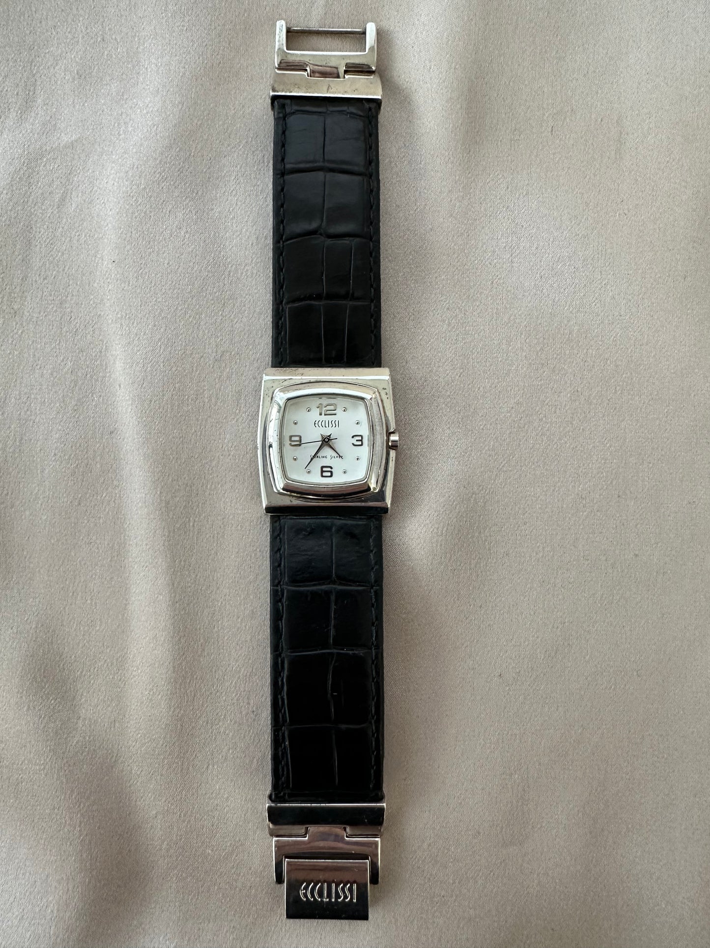 ECCLISSI Sterling Silver 6 3/8" Leather Band 1" Square Bezel Wrist Watch - Working