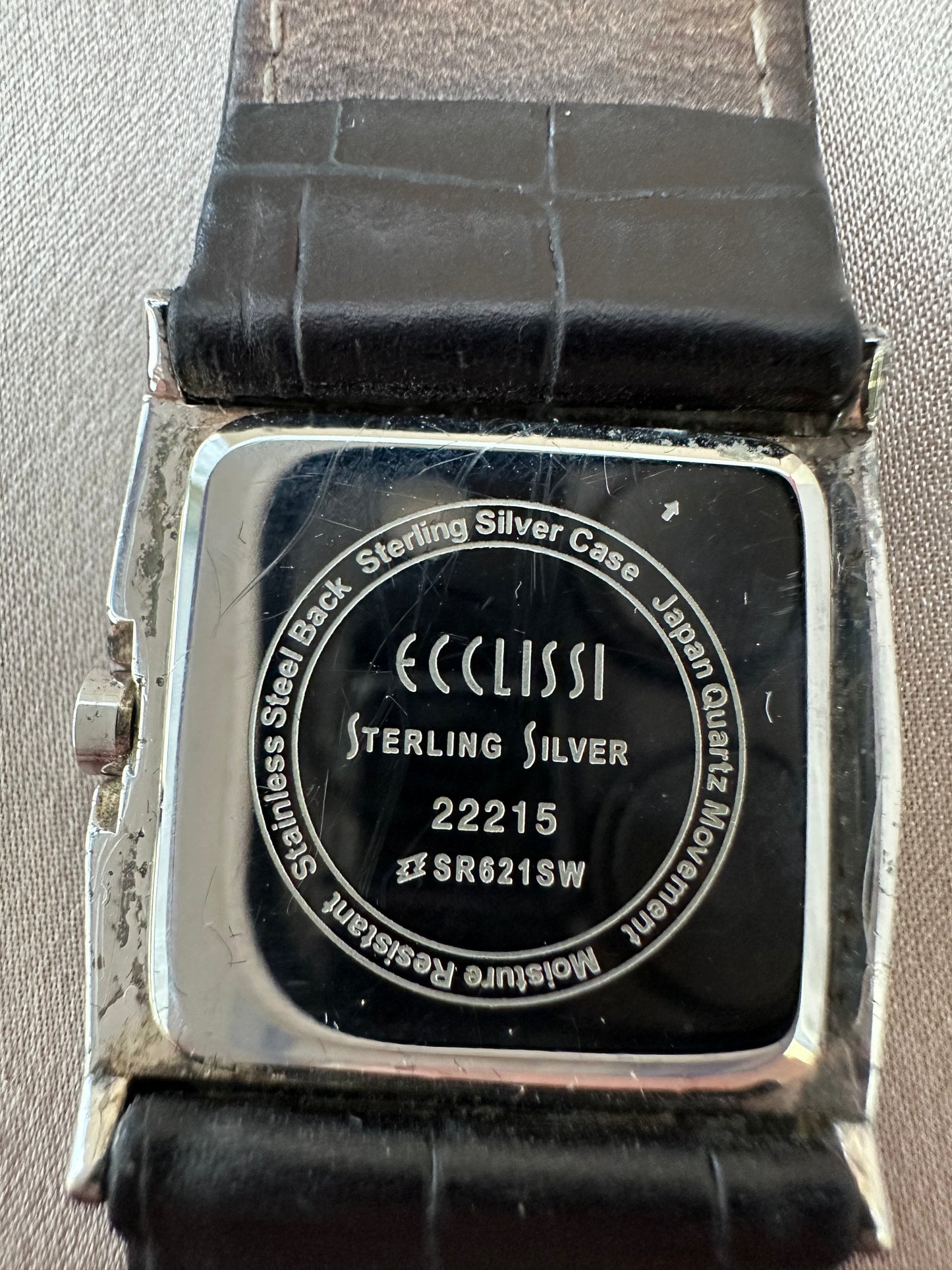 ECCLISSI Sterling Silver 6 3/8" Leather Band 1" Square Bezel Wrist Watch - Working