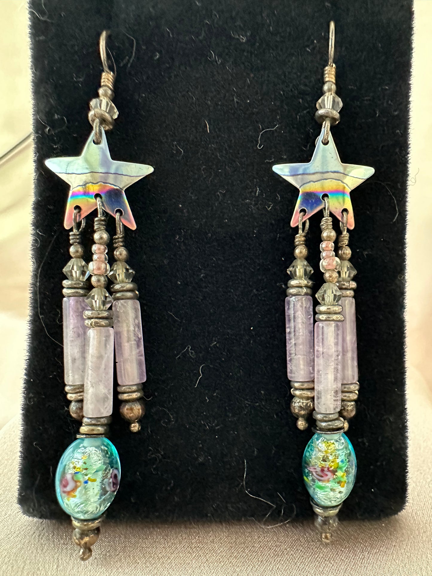 TABRA Sterling Silver Niobium Star Amethyst Dangle Earrings - 3 1/8"