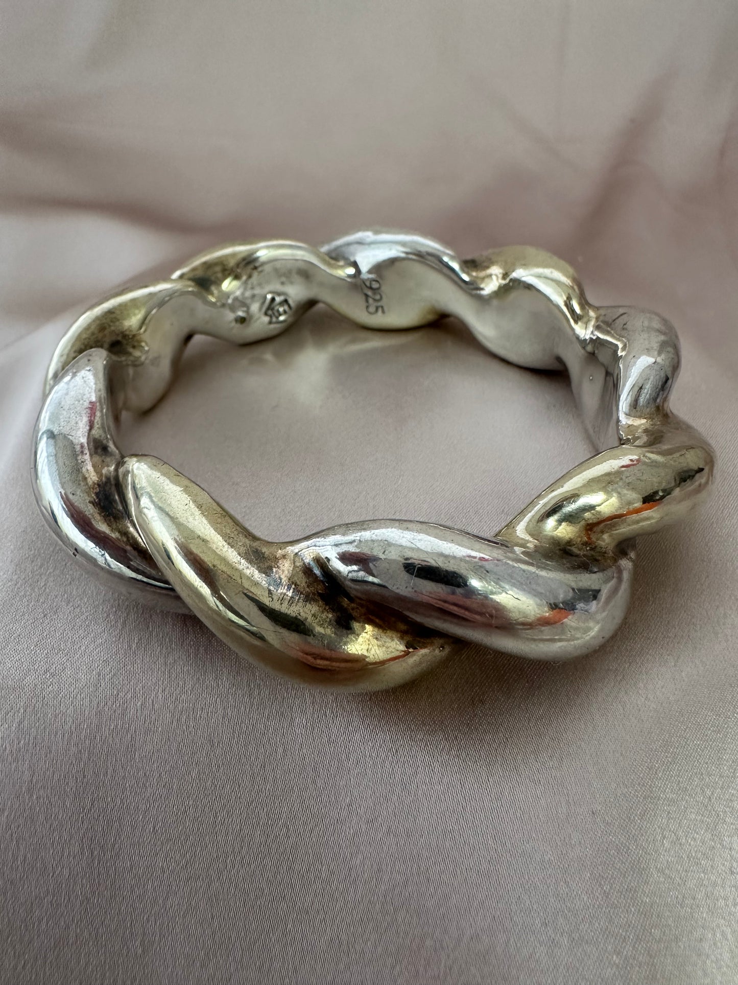 Signed GW 925 Sterling Silver Twist Electroform Bangle Bracelet - 7.85" Inner