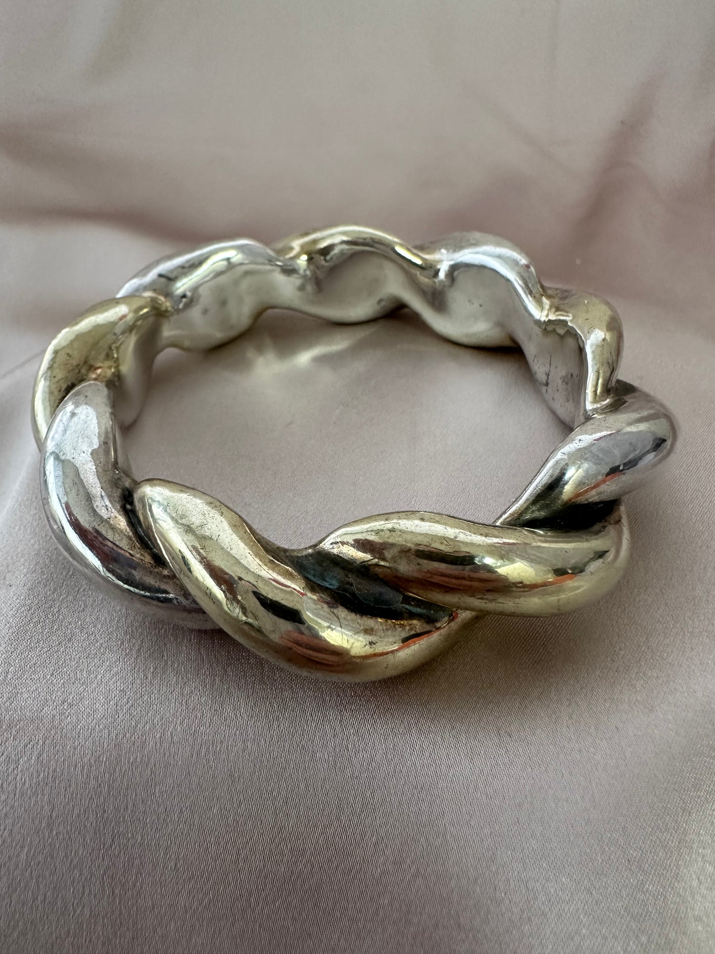 Signed GW 925 Sterling Silver Twist Electroform Bangle Bracelet - 7.85" Inner