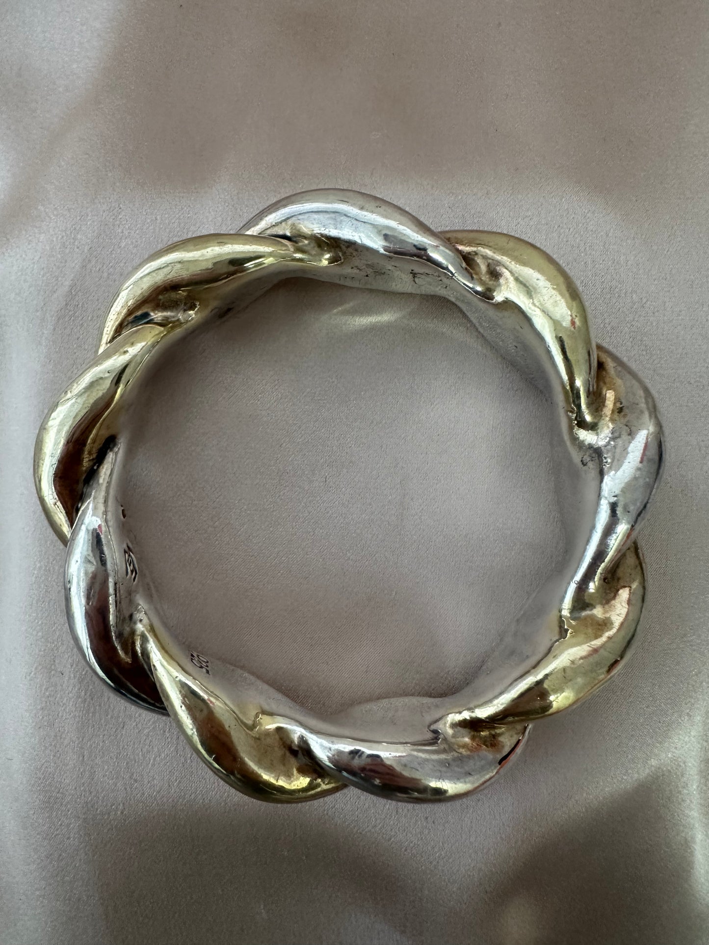 Signed GW 925 Sterling Silver Twist Electroform Bangle Bracelet - 7.85" Inner