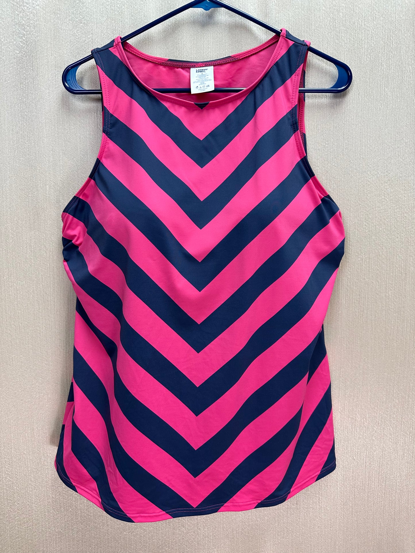 LANDS END navy pink Stripe High Neck UPF 50 Modest Tankini Swimsuit Top - 16