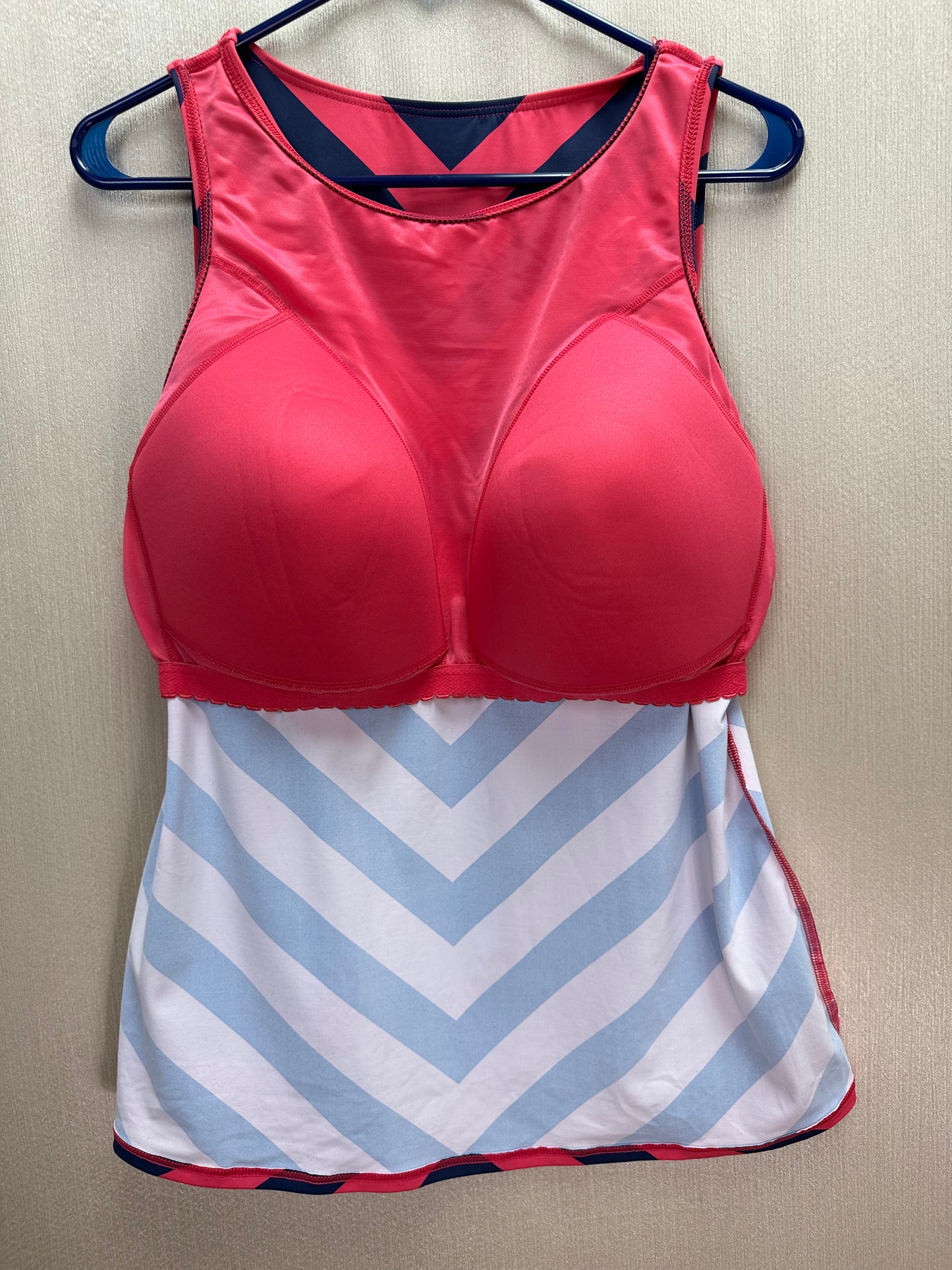 LANDS END navy pink Stripe High Neck UPF 50 Modest Tankini Swimsuit Top - 16