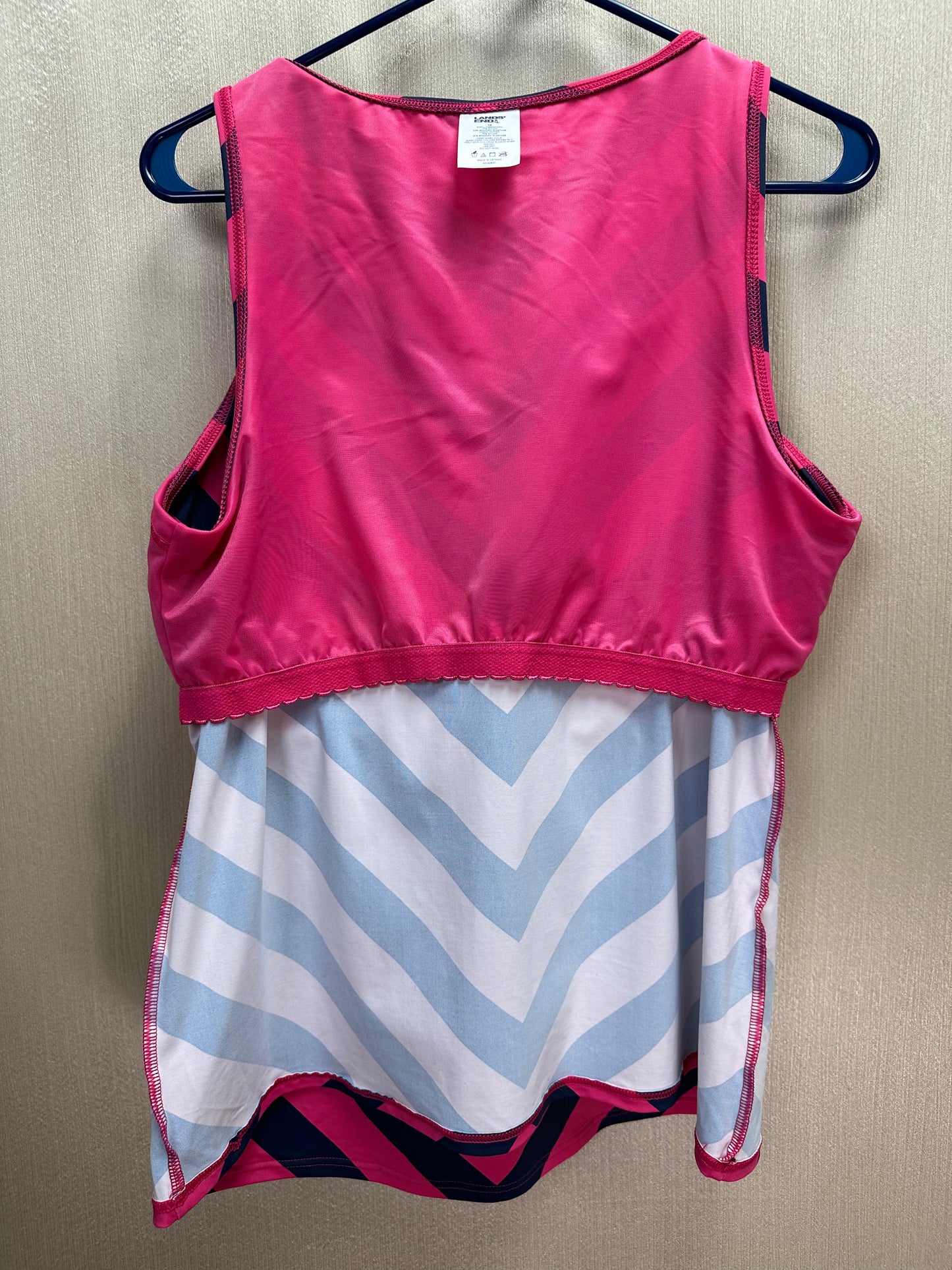 LANDS END navy pink Stripe High Neck UPF 50 Modest Tankini Swimsuit Top - 16