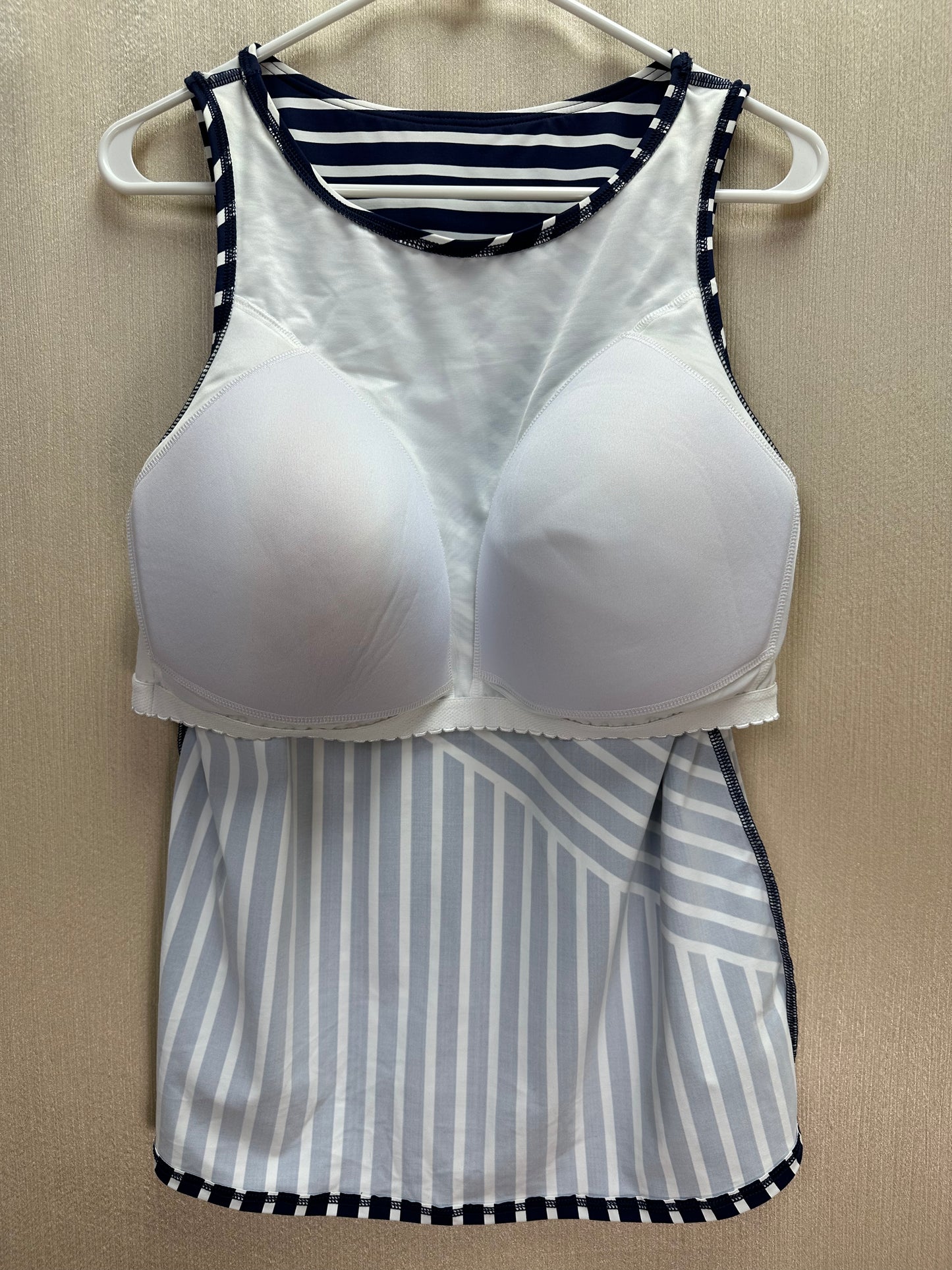 LANDS END navy white Stripe High Neck UPF 50 Modest Tankini Swimsuit Top - 16