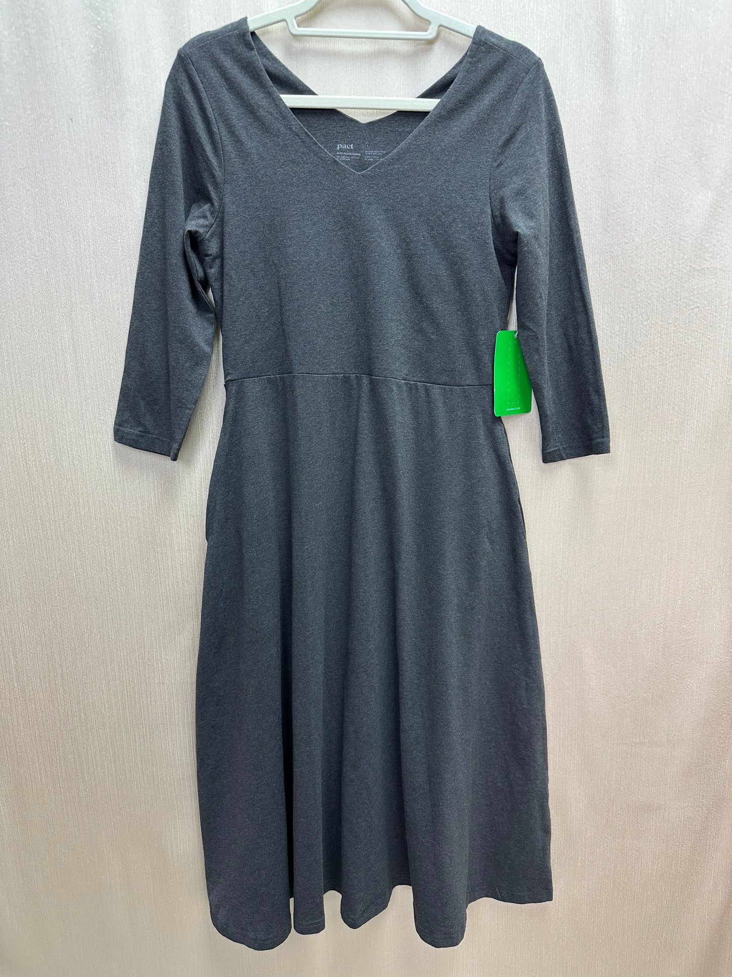 NWT - PACT charcoal gray Organic 3/4 Sleeve Fit & Flare V-neck Midi Dress - L